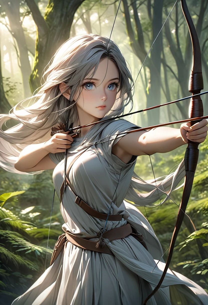 a beautiful female archer, holding a bow, detailed face, beautiful eyes, detailed facial features, flowing hair, elegant pose, fantasy landscape, lush forest, sunlight filtering through trees, muted color palette, dramatic lighting, cinematic composition, digital painting, ultra-detailed, (best quality,4k,8k,highres,masterpiece:1.2),ultra-detailed,(realistic,photorealistic,photo-realistic:1.37)