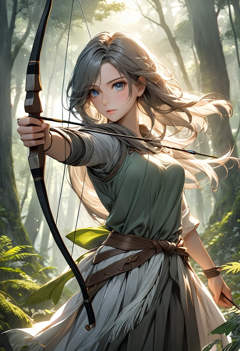 a beautiful female archer, holding a bow, detailed face, beautiful eyes, detailed facial features, flowing hair, elegant pose, fantasy landscape, lush forest, sunlight filtering through trees, muted color palette, dramatic lighting, cinematic composition, digital painting, ultra-detailed, (best quality,4k,8k,highres,masterpiece:1.2),ultra-detailed,(realistic,photorealistic,photo-realistic:1.37)
