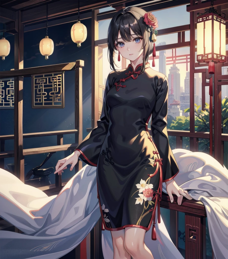 absurdres, RAW photo, extremely delicate and beautiful, masterpiece, Best Quality, ultra high resolution, 32k, hyperrealistic, ultra-detailed, Very detailed CG 8k wallpaper, Beautiful Lighting, Perfect Lightning, Realistic Shadows, perfect anatomy, super Detailed skin, perfect figure, Japanese woman, late 20s, very Slim body, narrow waist, very small head, handsome detailed woman, very detailed eyes and face, realistic face proportions, Stunning detailed eyes, Realistic beautiful face, very small face, Realistic small beautiful eyes, tearful mole, earring, beautiful and very thin legs, beautiful and very thin thighs, very huge round breasts, medium hair, black hair, whole body shot, (cheongsam:1.5),