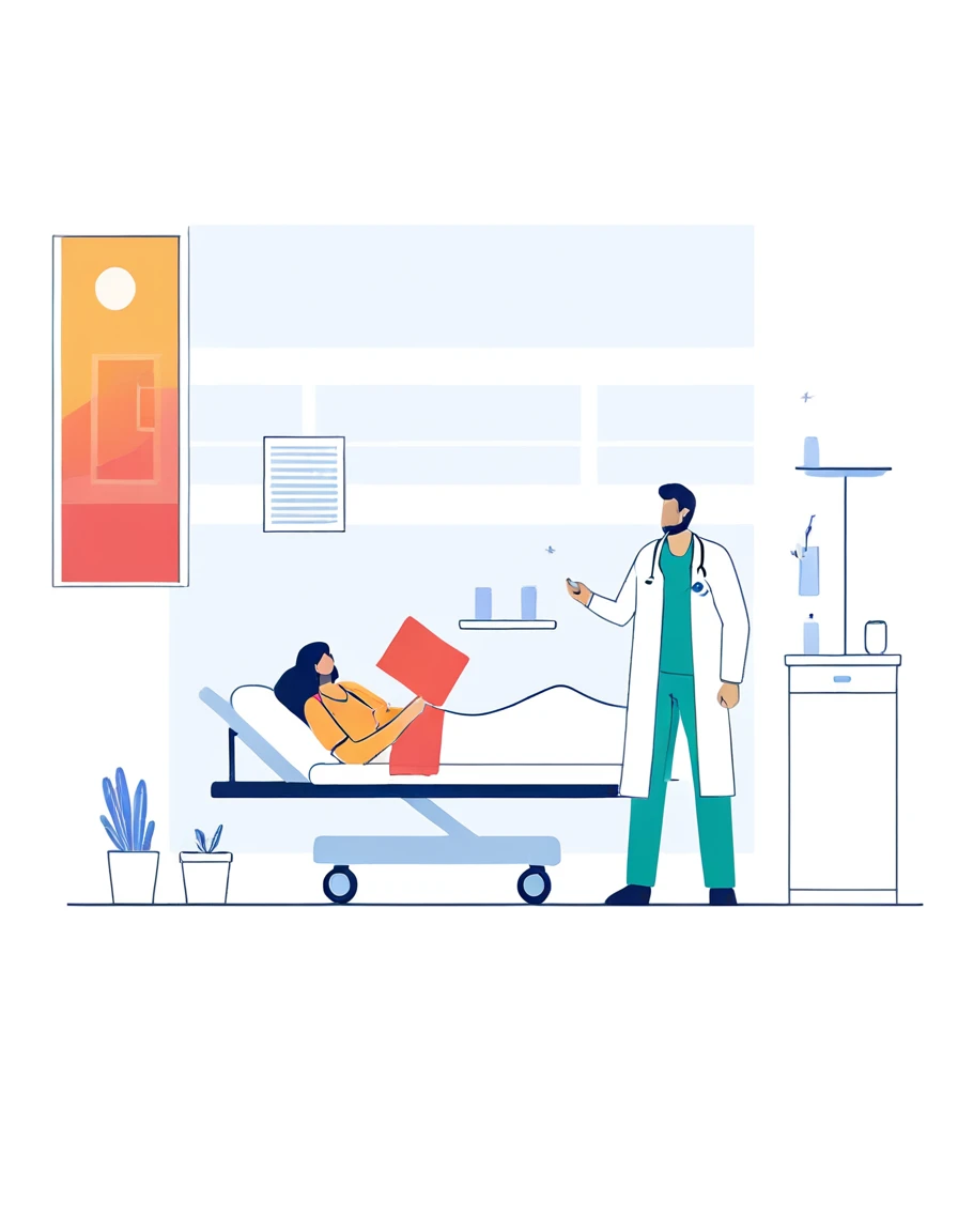 a man in a white coat is standing next to a woman in a Hospital bed, medical doctor, Flat illustration, Hospital background, in Hospital bed, doctor, Hospital room, medical background, Nursing, health care worker, Medical imaging, digital Medical equipment, colorful Medical equipment, Medical equipment, medical illustration, health care, Clean medical environment, Medical drawing, Hospital, Hospital ward