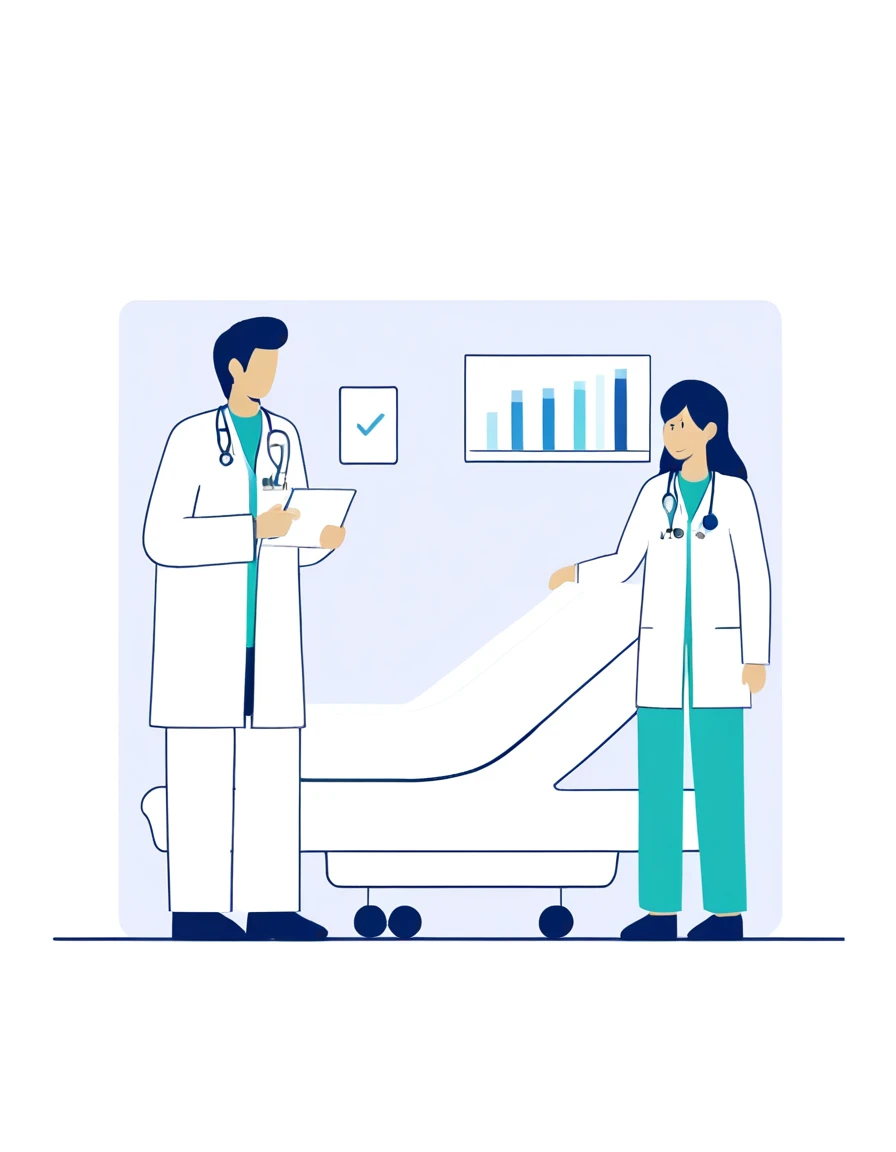 a man in a white coat is standing next to a woman in a Hospital bed, medical doctor, Flat illustration, Hospital background, in Hospital bed, doctor, Hospital room, medical background, Nursing, health care worker, Medical imaging, digital Medical equipment, colorful Medical equipment, Medical equipment, medical illustration, health care, Clean medical environment, Medical drawing, Hospital, Hospital ward