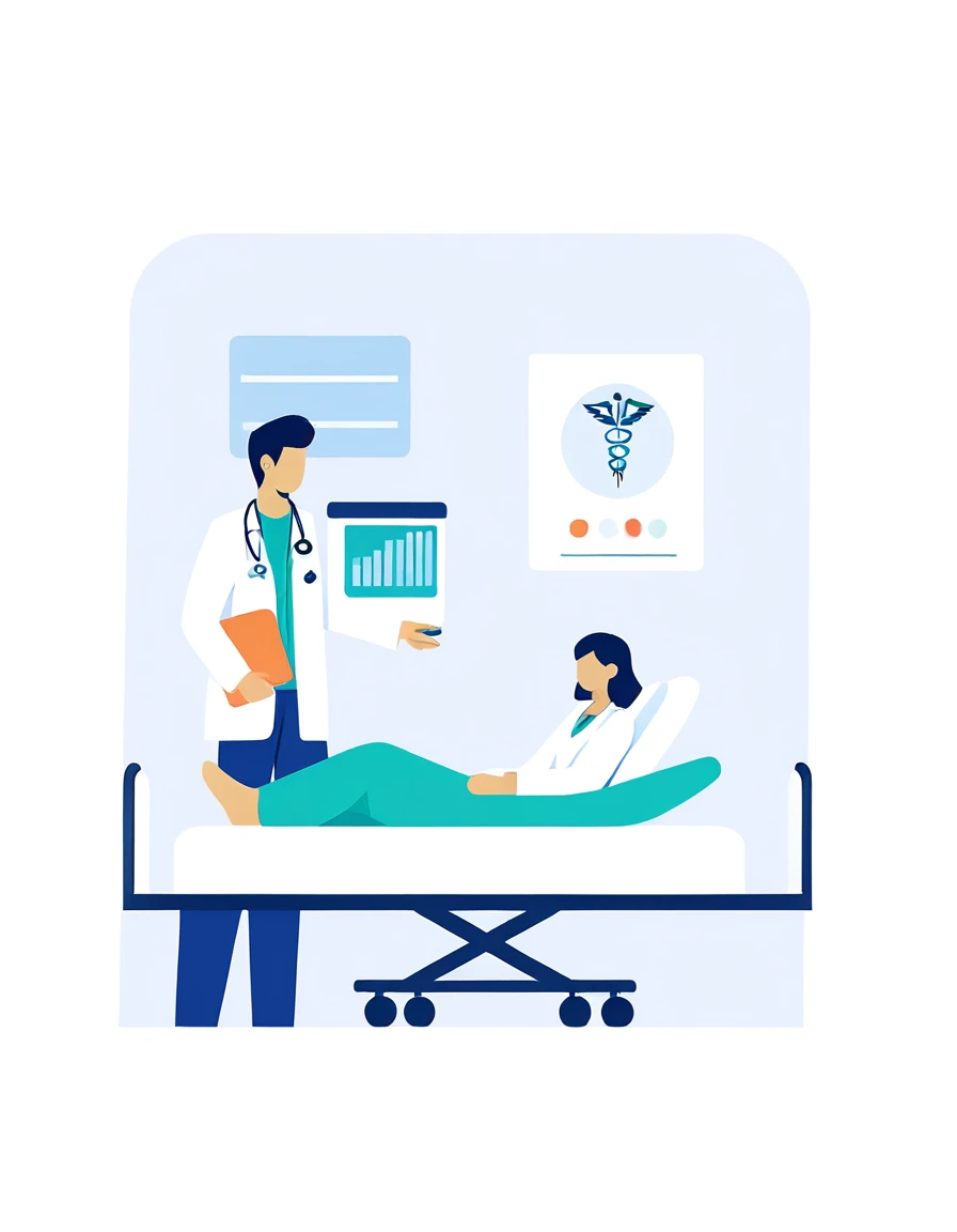 a man in a white coat is standing next to a woman in a Hospital bed, medical doctor, Flat illustration, Hospital background, in Hospital bed, doctor, Hospital room, medical background, Nursing, health care worker, Medical imaging, digital Medical equipment, colorful Medical equipment, Medical equipment, medical illustration, health care, Clean medical environment, Medical drawing, Hospital, Hospital ward