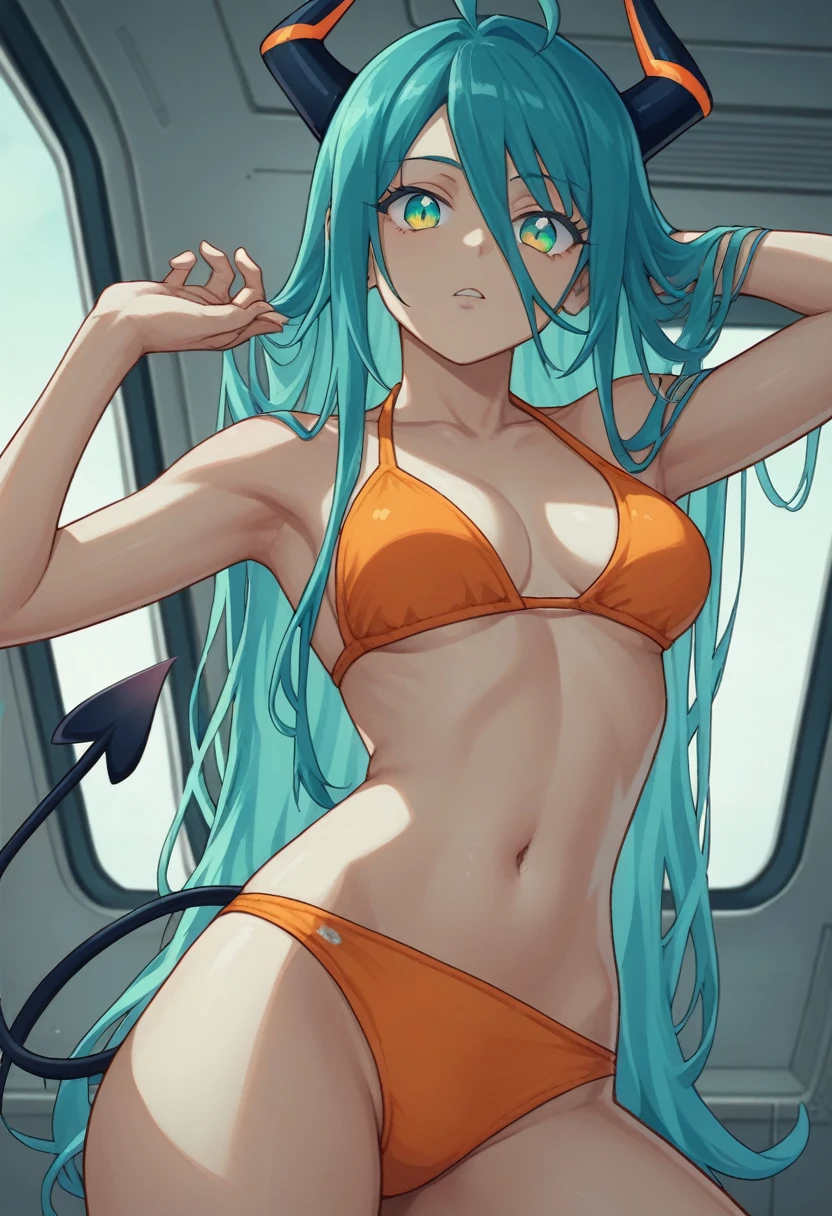 score_9, score_8_up, score_7_up,1 daemon woman, black  demon horns, black demon tail, (aquamarine hair),aquamarine green color hair,ahoge, long hair, (long hair),bangs, light orange bikini, bikini is orange, bikini orange, orange bikini!, (aquamarine eyes), background is spaceship, aquamarine eyes, 1woman ,facing viewer, daemon girl,  close up,Well-endowed, alone, Spacecraft interior