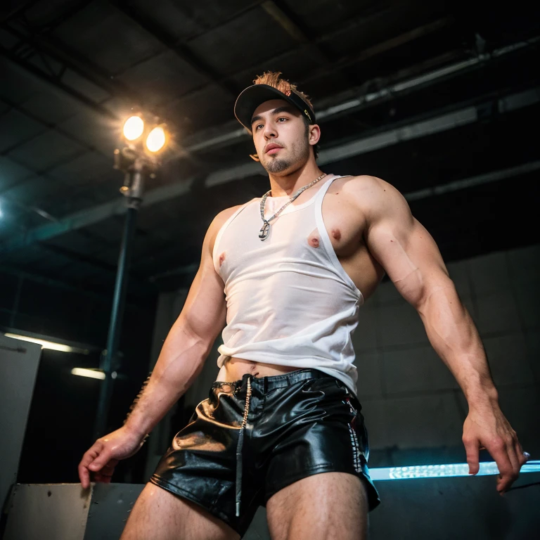 (((intricate design))) (((Top quality))) (((16K))) (((High Definition))) 16K splash art, photorealistic, high-res, ultra sharp, ((masterpiece)), the best quality, expressive eyes, perfect face, Super eyes, perfectly detailed anatomy (((Volumetric lighting))) (((Fluorescent Lights))) CG sense, dynamic blur, (((mature male))) (((muscular))) (((bodybuilder))) (((viewed from below))) big , big thighs, big bulge, cyberpunk, futuristic, ((attractive hairy male singer)) stubble beard, wearing black glasses, medium-length orange curly sleek hair, vampire, bright red eyes, ((pale skin)) on stage singing, cords, drum kit, keyboard, guitar, fireworks, neon spotlights, ((transparent visor)), mic stand, holding microphone, large crowd, neon lights, tailored yellow trench coat, silver rings, chain necklace, face piercings, white singlet, latex pants, brown boots, scared expression, looking off,