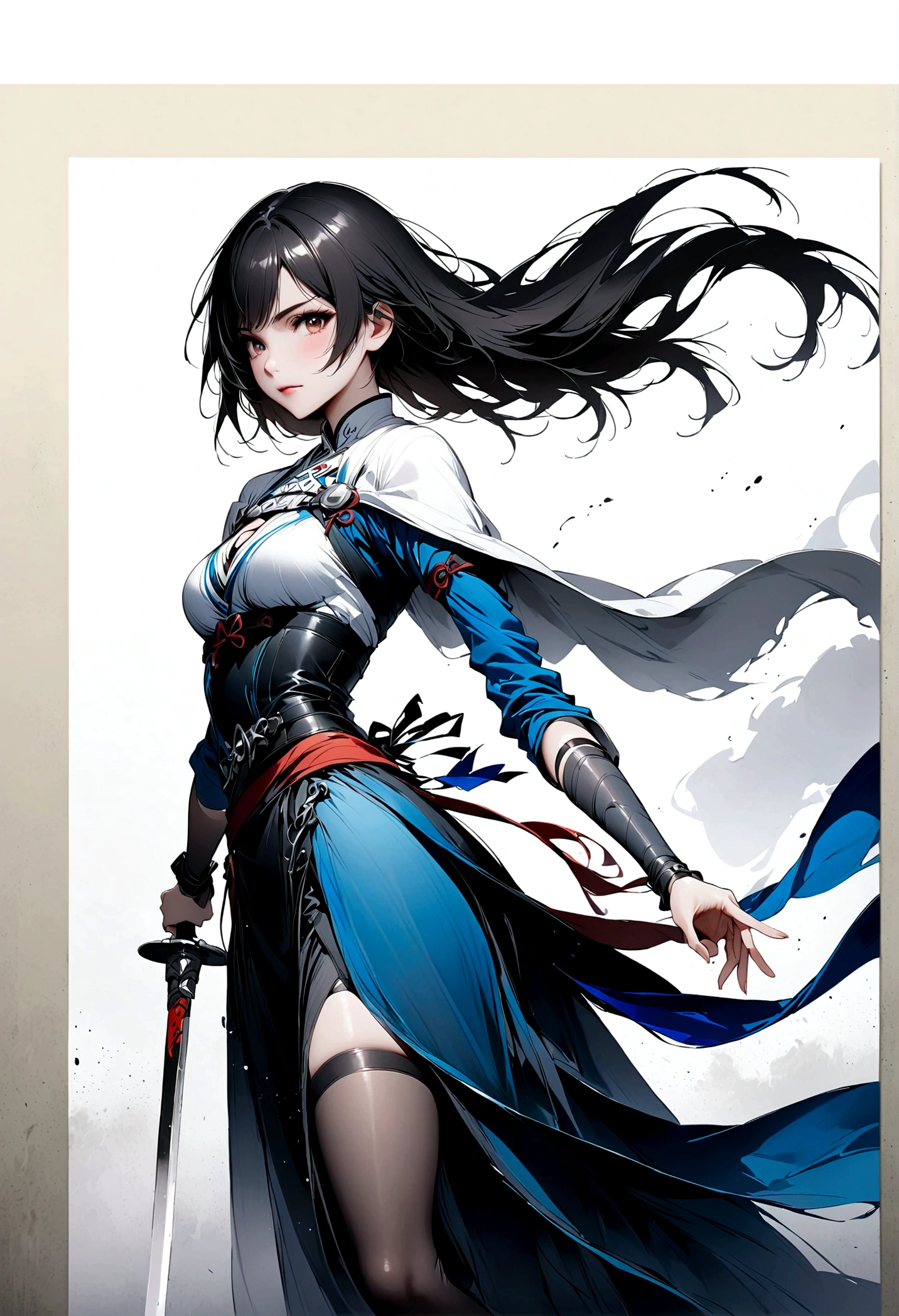 艺术Ink Painting，立体Ink Painting，Minimalism，Minimalism图形艺术，Anime girl holding a sword，whole body，Chinese，，Ink Painting，Blue robe，Black long hair，Black and white background，古韵White space，White space，大面积White space，Textured Matte，Low saturation，Minimalism构图，Main Composition