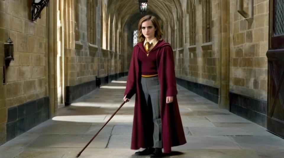Emma Watson stands in a Griffindor outfit with a whip in a corridor of Hogwarts