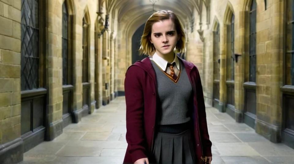 Emma Watson stands in a Griffindor outfit with a whip in a corridor of Hogwarts 