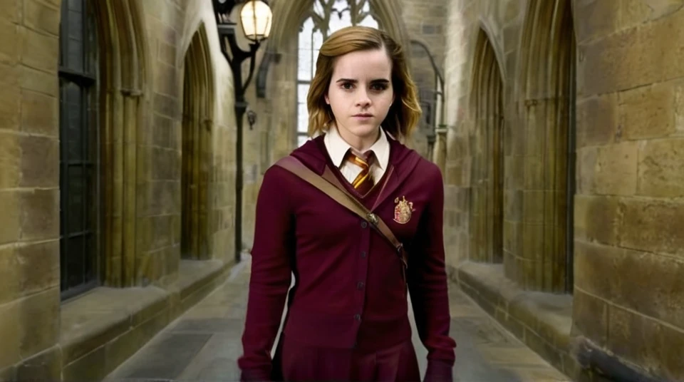 Emma Watson stands in a Griffindor outfit with a whip in a corridor of Hogwarts 