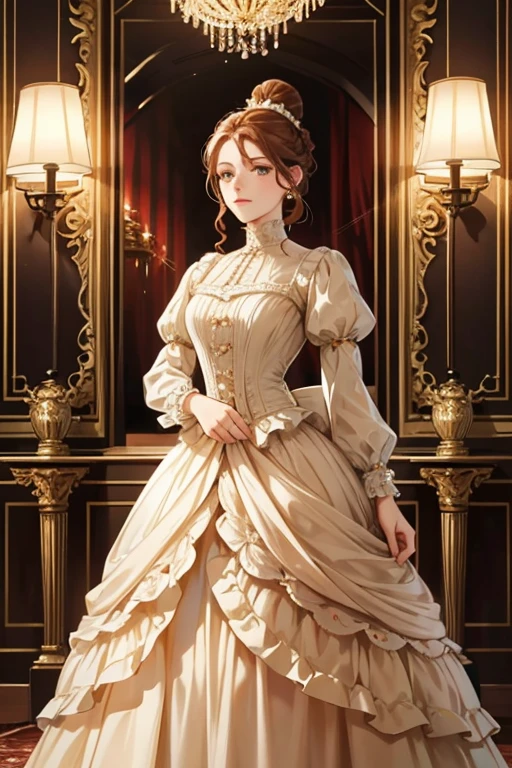 Beautiful aristocratic woman of victorian era, Europe in the 18th century, reddish brown hair,Exquisite high bun braid hairstyle, curls, elegant ballroom dress, Standing in the luxurious banquet hall, Delicate and meticulous, 8K, Reality, Dramatic Lighting, high quality, Complex design, classical portrait