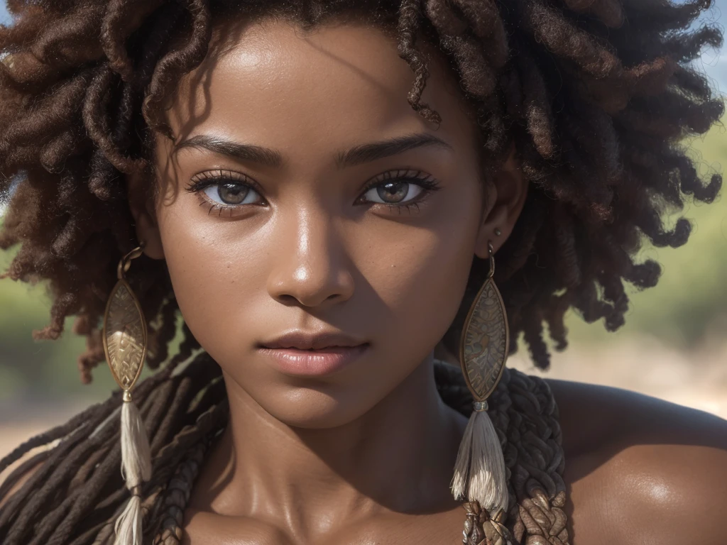 best quality, 4k, 8k, ultra high resolution (realistic, photorealistic, RAW photo: 1.4) (hdr, sharp focus: 1.2), intricate texture, porcelain skin, portrait (close up:1.5) of a beautiful woman with tanned skin 23 years old, curly hair, afro, native of the HIMBA tribe