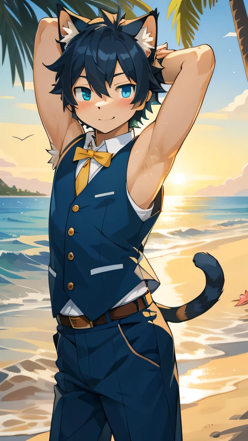 high resolution,masterpiece, Best quality,best quality,high quality, Highly detailed, Practical, photoPractical, Anime style, 12 year old boy, Young Boy, Shota, (Cat Boy, Cat ears), Vest, Body, (Show Armpits:1.4), slim, Thin body, beach, Lovely, Handsome, hapiness的, hapiness, blush, (Very detailed and beautiful face and eyes)Perfect anatomical structure(Beast field, Furry personification)