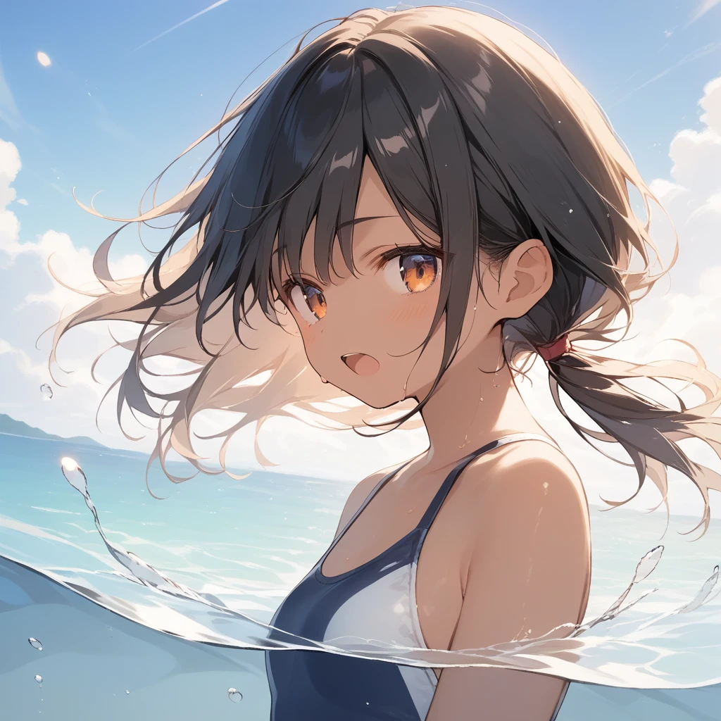 score_9, score_8_up, score_7_up, source_anime, best quality, masterpiece, official art, absurdres, highres, ultra-detailed,waifu2x,Collection: Slice of Life,break,1girl, tomboy, dark-skinned female, short hair, low ponytail, small breasts, beautiful detailed eyes, swimsuit, sweat, open mouth, (yawn:0.3), sleepily, swimming, outdoors, wind, break,(clear line illustration:1.2),very high resolution, very aesthetic, super detailed skin, Best sexual lighting powered by famous artist, 8k,cute picture,beauty illustration,photoshop_(medium),,(Detailed Lighting),best anime 8k konachan wallpaper, pixiv contest winner, 