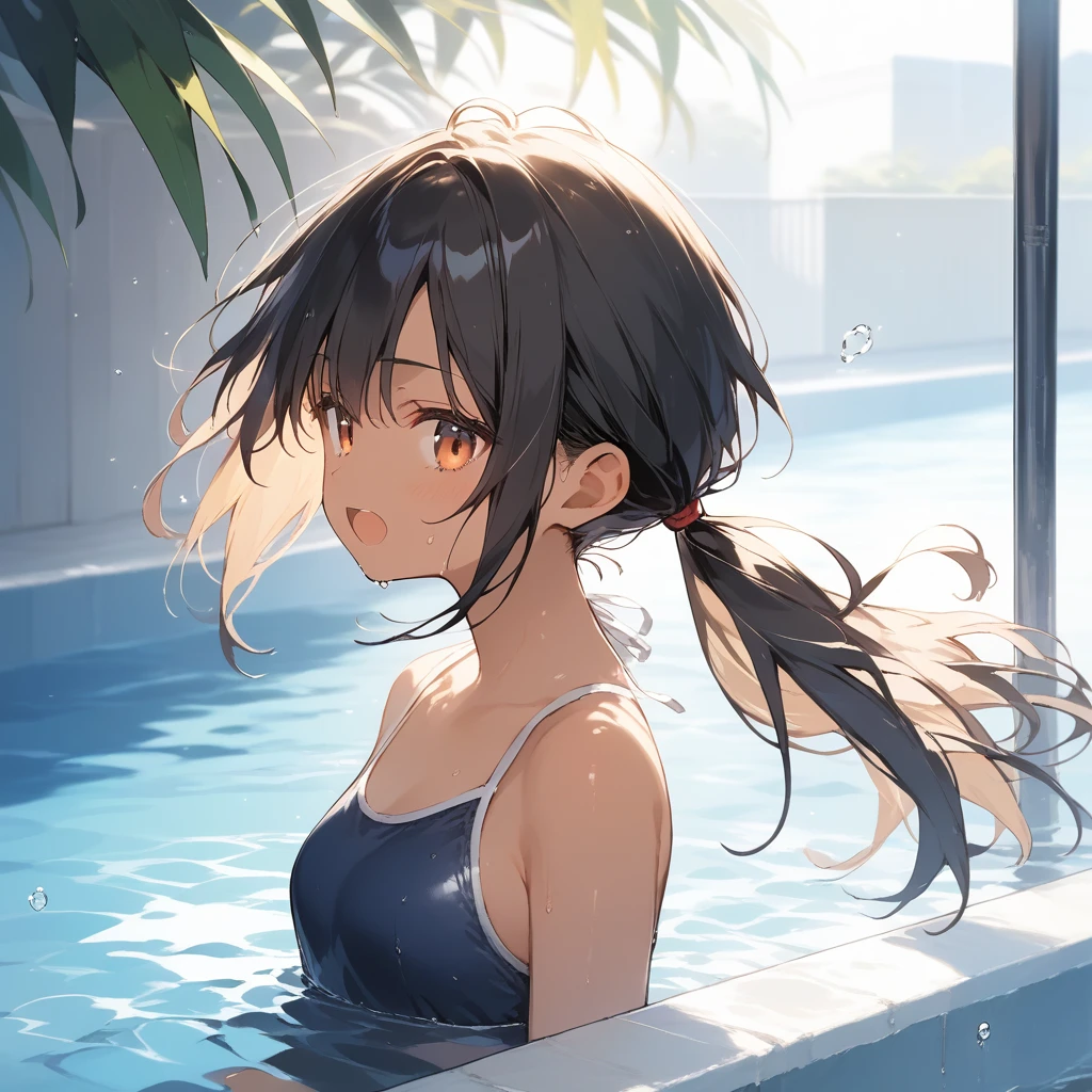score_9, score_8_up, score_7_up, source_anime, best quality, masterpiece, official art, absurdres, highres, ultra-detailed,waifu2x,Collection: Slice of Life,break,1girl, tomboy, dark-skinned female, short hair, low ponytail, small breasts, beautiful detailed eyes, swimsuit, sweat, open mouth, (yawn:0.3), sleepily, swimming, outdoors, wind, break,(clear line illustration:1.2),very high resolution, very aesthetic, super detailed skin, Best sexual lighting powered by famous artist, 8k,cute picture,beauty illustration,photoshop_(medium),,(Detailed Lighting),best anime 8k konachan wallpaper, pixiv contest winner,