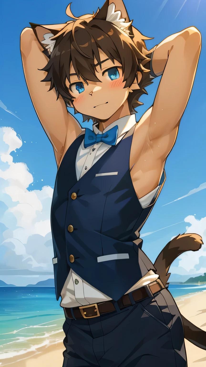 high resolution,masterpiece， Best quality,best quality,high quality, Highly detailed, Practical, photoPractical, Anime style, , Young Boy, Shotoy, Cat ears), Vest, Body, (Show Armpits:1.4), slim, Thin body, beach, Lovely, Handsome, hapiness的, hapiness, blush, (Very detailed and beautiful face and eyes)Perfect anatomical structure(Beast field, Furry personification)