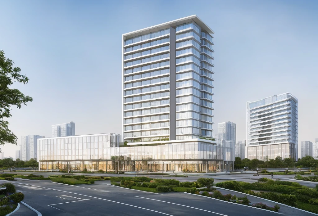 (masterpiece, best quality:1.2), rendering of a modern office building with a large sign on the top, (landscape), (city) , shophouse, modern lush condo as shopfront, font lake,wide angle exterior 2022, photo from 2022, full building, architectural rendering, mantra rendering, precise architectural rendering, residential, full - view, realistic building, realistic architecture