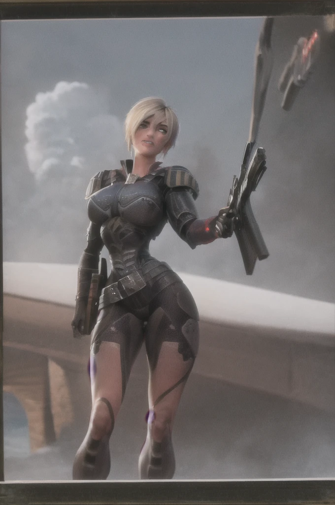 Milfycaroline, masterpiece, best quality, nsfw, Sgt Calhoun,1girl, science fiction, armor, holding rifle