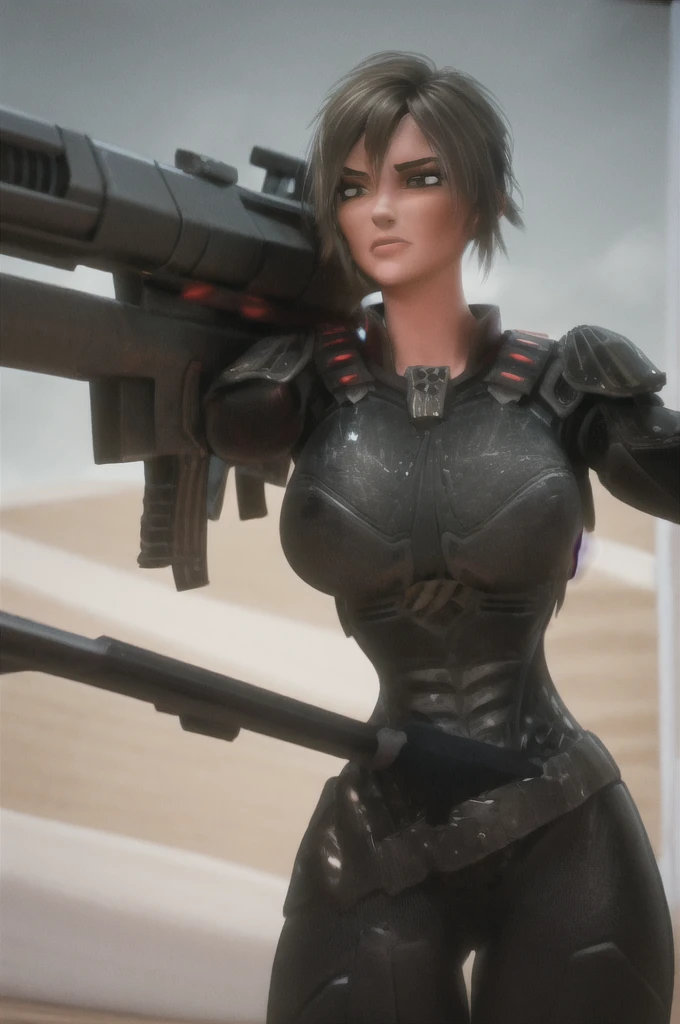 Milfycaroline, masterpiece, best quality, nsfw, Sgt Calhoun,1girl, science fiction, armor, holding rifle