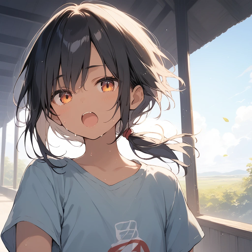score_9, score_8_up, score_7_up, source_anime, best quality, masterpiece, official art, absurdres, highres, ultra-detailed,waifu2x,Collection: Slice of Life,break,1girl, tomboy, dark-skinned female, short hair, low ponytail, flat chest, beautiful detailed eyes, short shorts, sweat, open mouth, (yawn:0.3), sleepily, outdoors, wind, break,(clear line illustration:1.2),very high resolution, very aesthetic, super detailed skin, Best sexual lighting powered by famous artist, 8k,cute picture,beauty illustration,photoshop_(medium),,(Detailed Lighting),best anime 8k konachan wallpaper, pixiv contest winner, 