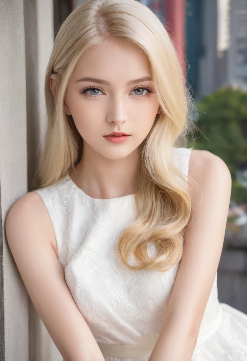 Leila、18-year-old、（Russian women）、（Cute face:1.3）、（Thin contours:1.3）、Grey Eyes、、Blonde medium-long hair、Big 、8-head-tall model style、Angle up to the knee、White dress、Inside the city of Tokyo