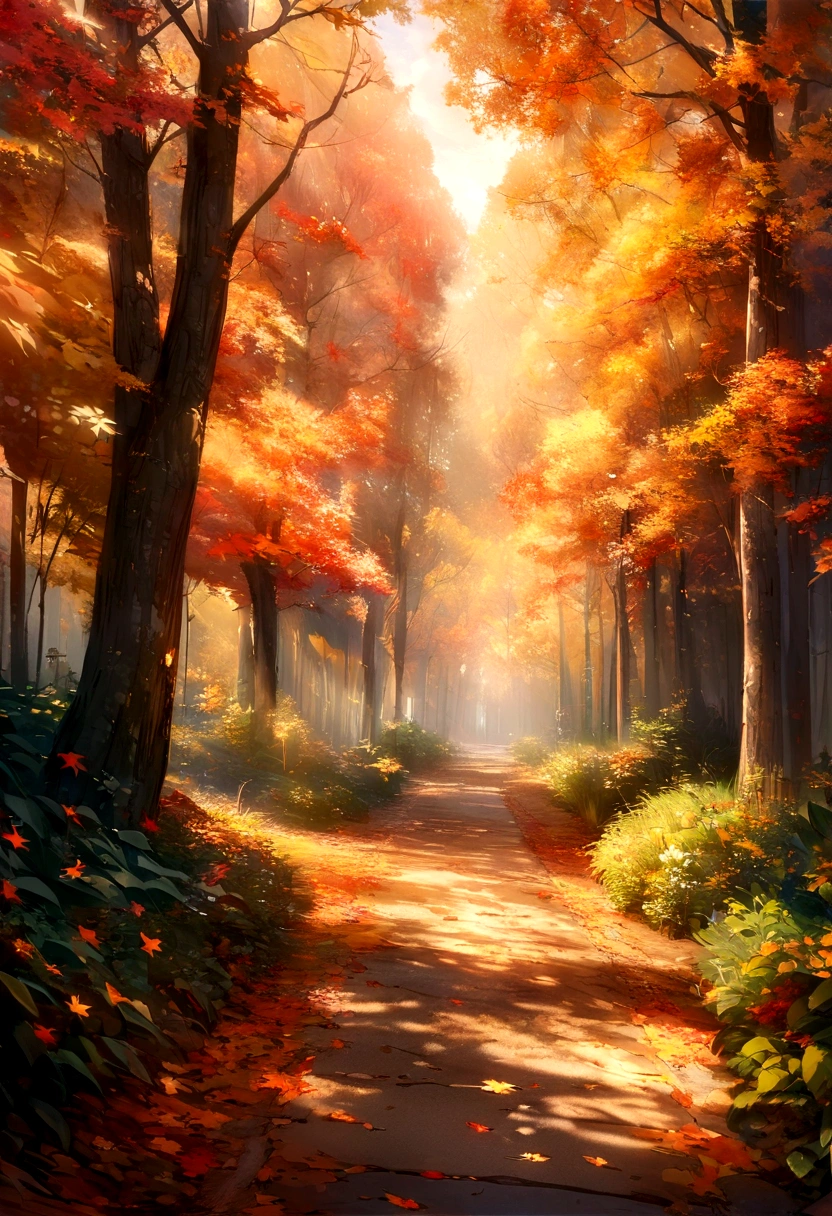 ((high quality)),((masterpiece)),8K,There is a trail that leads to a green park., Autumn tranquility, Dreamy scene, in autumn forest, Soft Diffuser Autumn Light, Beautiful digital painting, Soft autumn sunshine, on 森のtrail, trail, in autumn, melancholy autumn light, Paul Burson, Bright Forest Trail, HDR Digital Painting, Oil painting style, Gorgeous digital painting