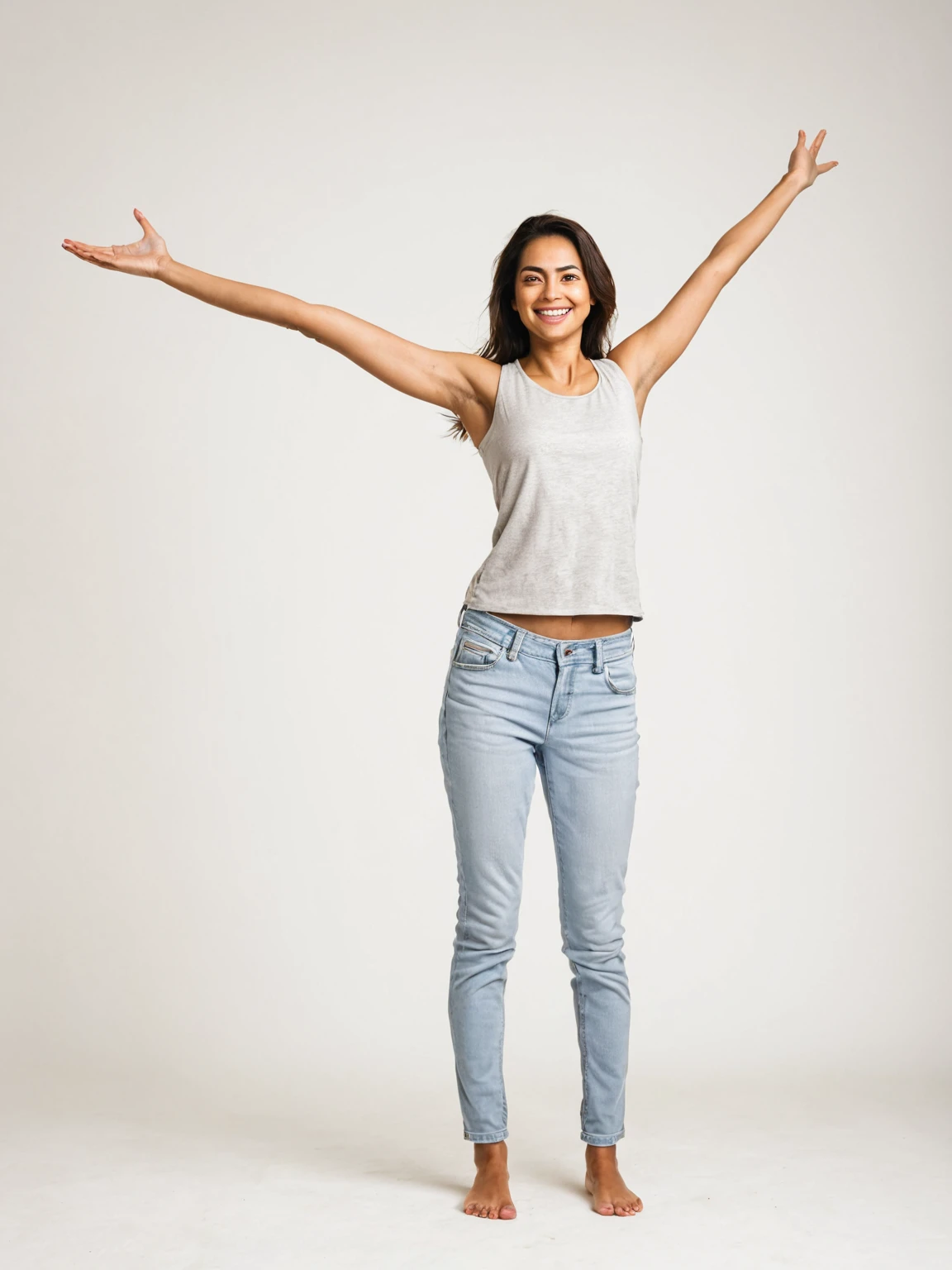 a woman. Full body shot with arms out. Plain background