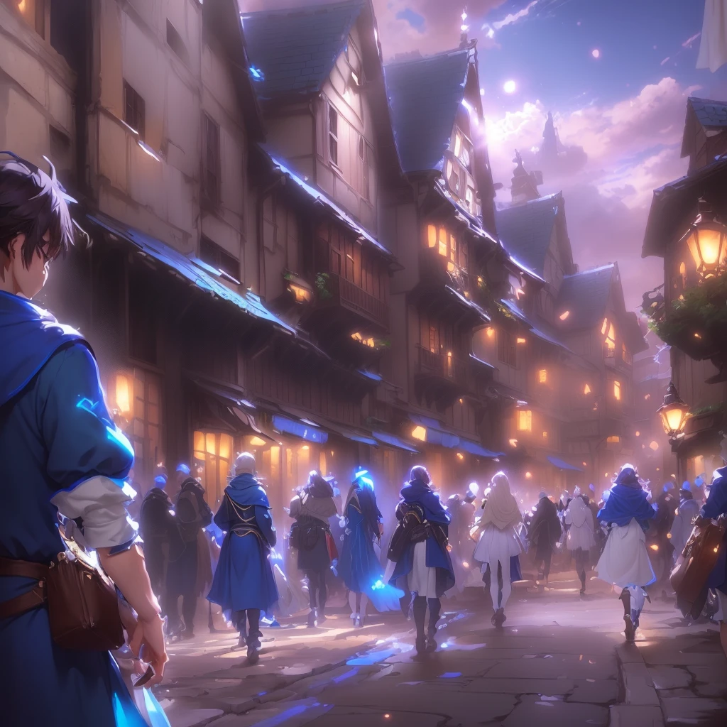 Anime style scene with a woman in a blue dress walking down the street, A bustling magical town, Popular Isekai Anime, Epic light novel art cover, 2. 5d cgi anime fantasy artwork, Fantasy-style anime, isekai, Medieval fantasy town, Epic light novel cover art, Anime scenery concept art, Artjam and Athi Gairan