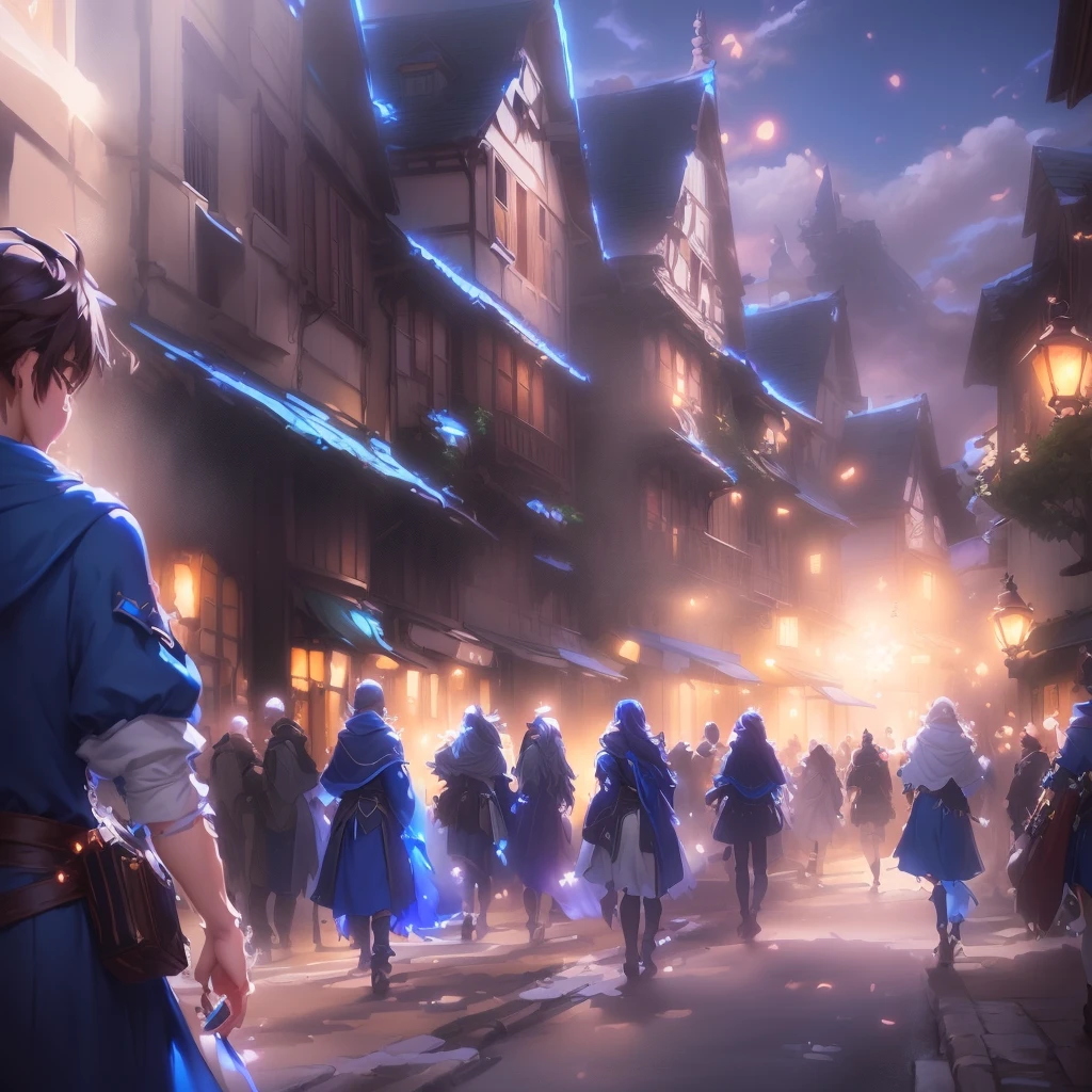 Anime style scene with a woman in a blue dress walking down the street, A bustling magical town, Popular Isekai Anime, Epic light novel art cover, 2. 5d cgi anime fantasy artwork, Fantasy-style anime, isekai, Medieval fantasy town, Epic light novel cover art, Anime scenery concept art, Artjam and Athi Gairan
