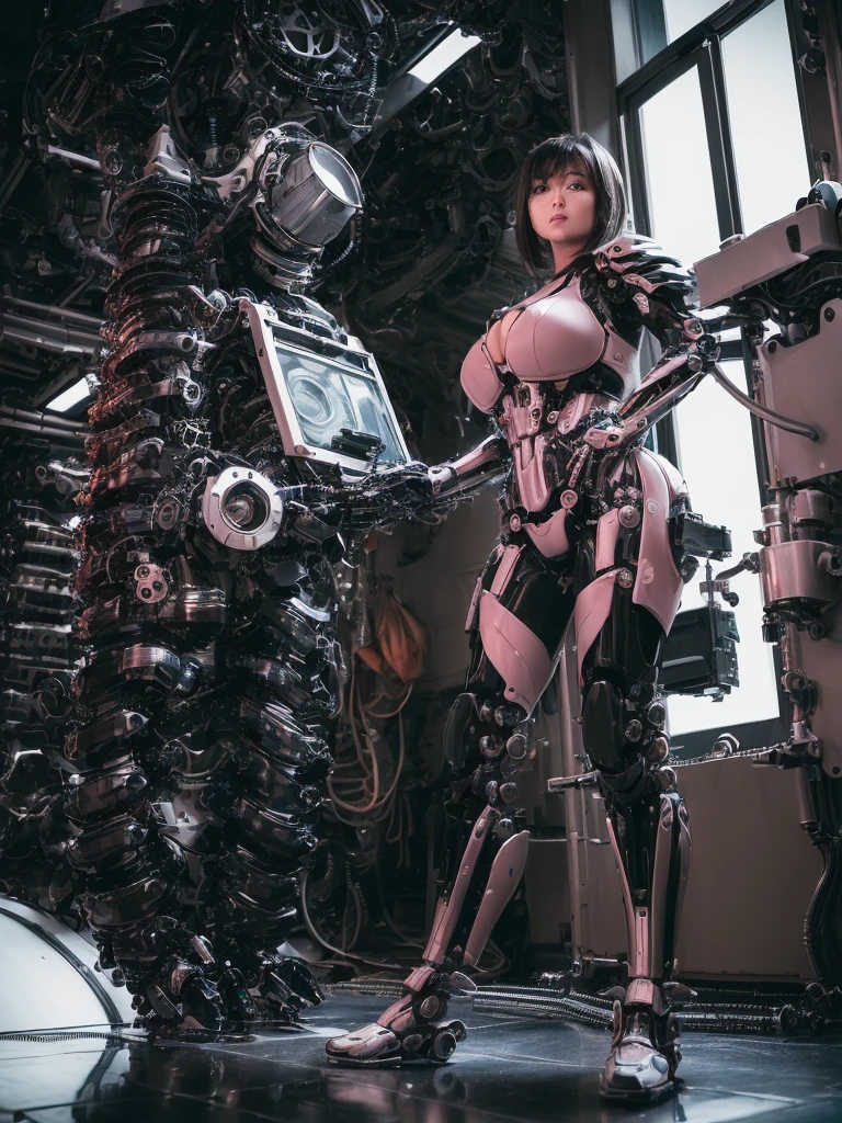 (full body photo:2), (man/woman/mechanic:1.8), (very big breasts:1.8), (all mechanical body:2), (With bionic armor:1.5), White with black gear, (She is in a spaceship near a window watching outer space.:1.5), (She has very short purple straight hair.:1.2), (blue eyes:1.2), (moan:1.5), (Blush:1.5), (Doing seductive poses, standing up for the audience:1.5),    animeสไตล์, anime, 16K, High quality, textured skin, UHD, won