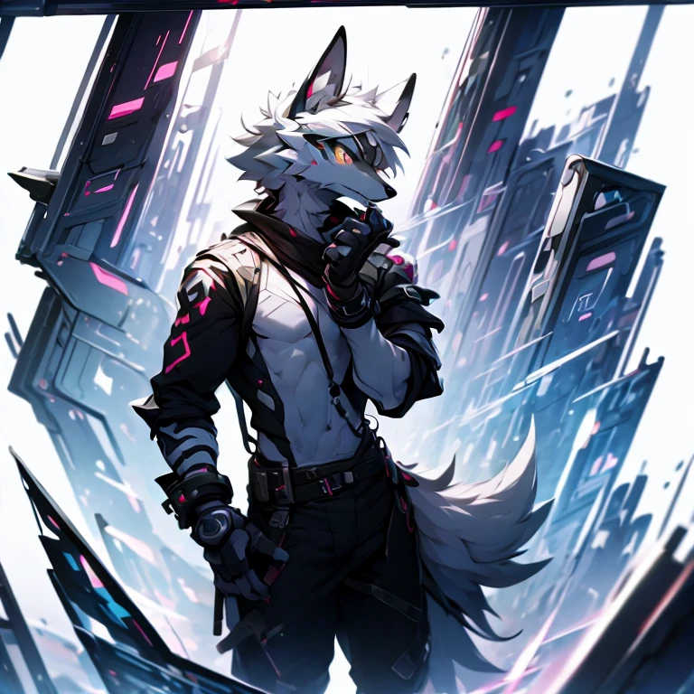 cyber punk perssonage，epcot，Tech style，solo person，White body，White ears，White hair，Overall white，Orange-yellow eyes，Wolf tail，Wolf orcs，Young，Wear a short-sleeved shirt，Ultra-clear screen，Soft lines