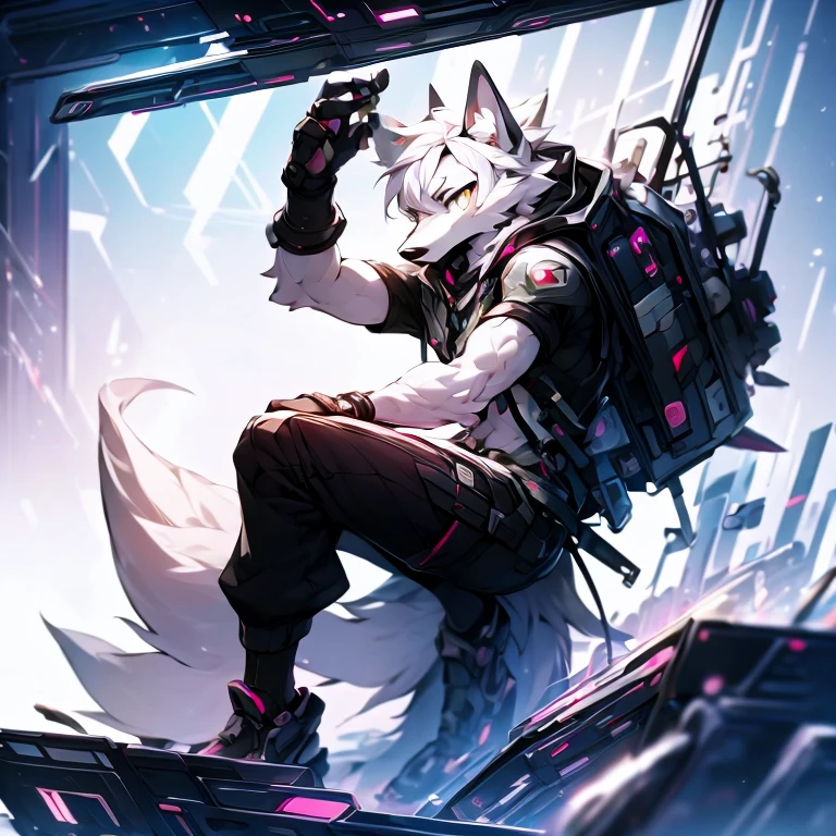 cyber punk perssonage,epcot,Tech style,solo person,White body,White ears,White hair,Overall white,Orange-yellow eyes,Wolf tail,Wolf orcs,Young,Wear a short-sleeved shirt,Ultra-clear screen,Soft lines