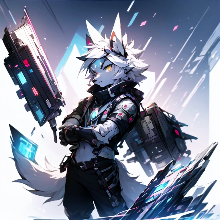 cyber punk perssonage,epcot,Tech style,solo person,White body,White ears,White hair,Overall white,Orange-yellow eyes,Wolf tail,Wolf orcs,Young,Wear a short-sleeved shirt,Ultra-clear screen,Soft lines