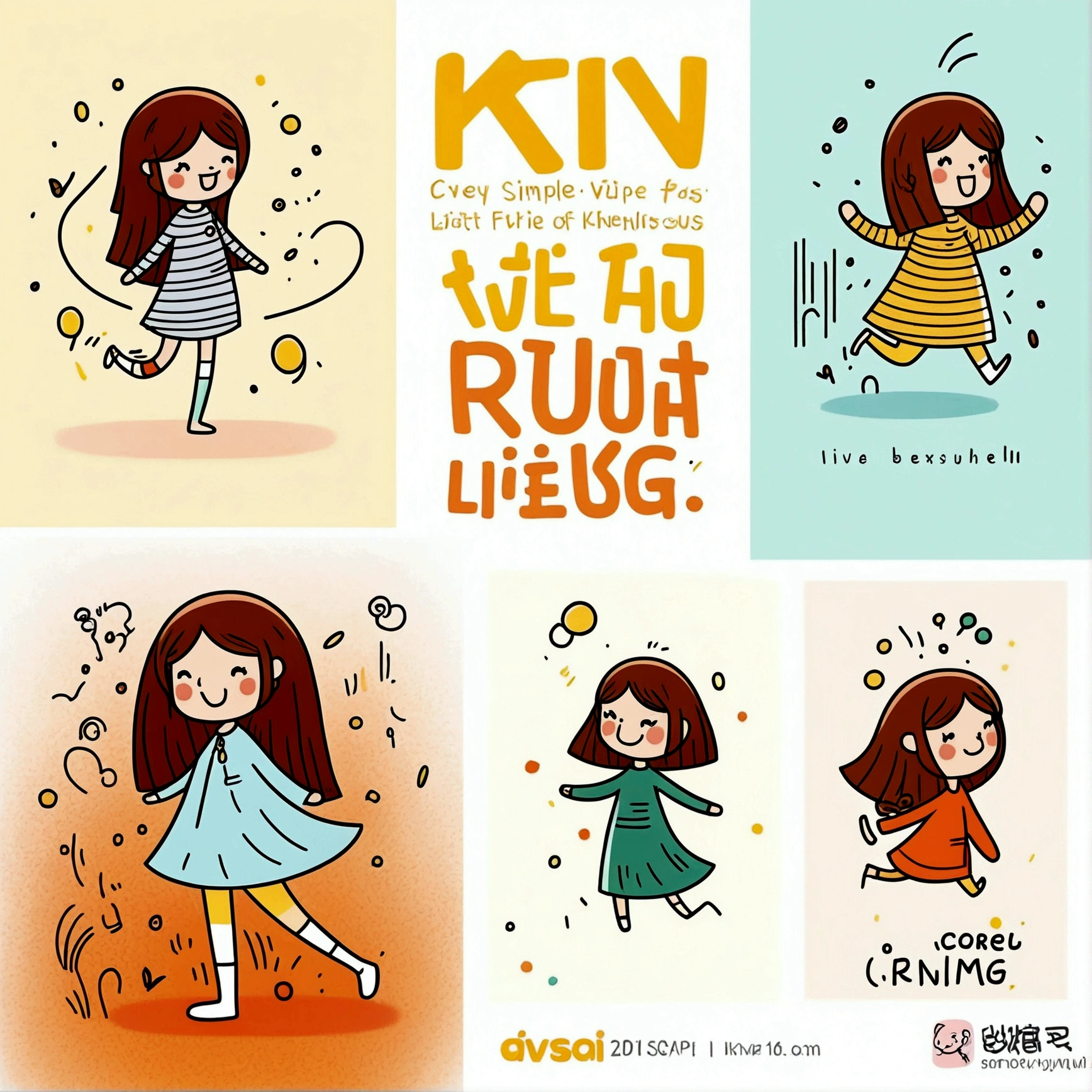 Very simple, minimalist, cartoon doodles, line art, cute colorful lines of a little girl in various poses and expressions. Cry, run away, be shy, smile, eat, kneel, be surprised, laugh, send blessings, laugh, thank you, etc