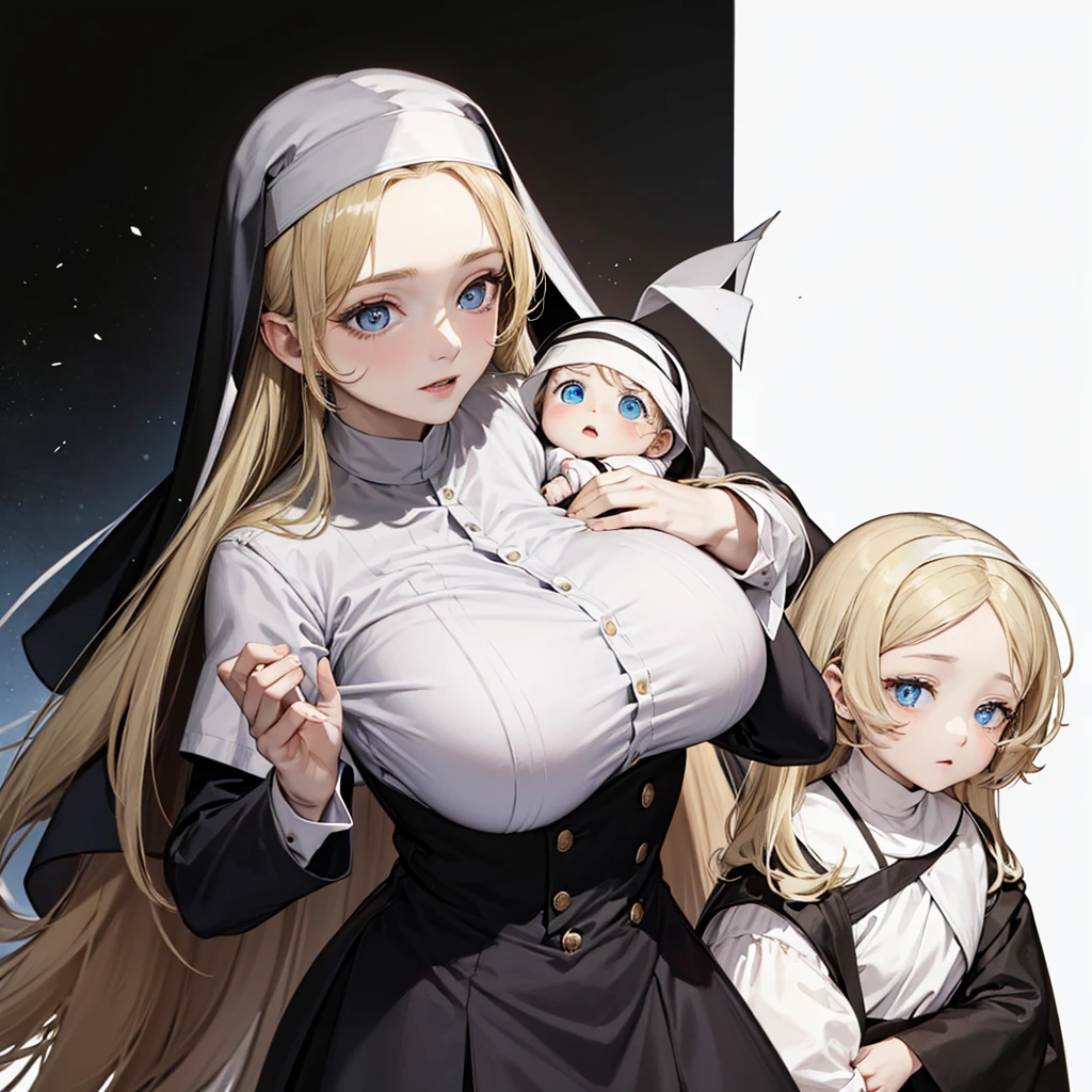 blonde,Blue Eyes,Long hair,Big breasts,woman wearing nun uniform,Baby fat face,Mature age girl,Royal sister