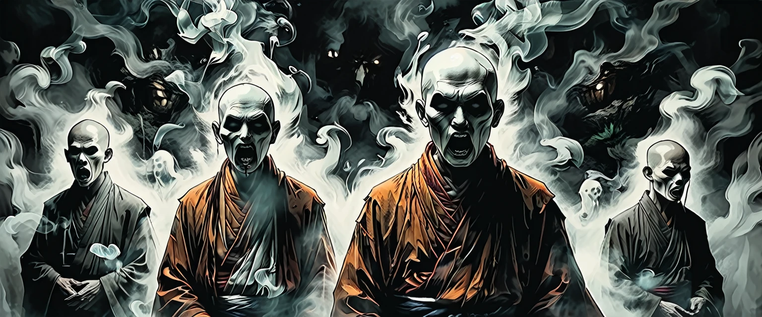 close up portrait of line ghosts of Buddhist monks, many ghosts, without faces, shadows, night, jungle, smoke, fog, opened mouth, graphic style of novel comics, 2d, 8k, hyperrealism, masterpiece, high resolution, best quality, ultra-detailed, super realistic, Hyperrealistic art, high-quality, ultra high res, highest detailed, lot of details, Extremely high-resolution details, incredibly lifelike, colourful, soft cinematic light,