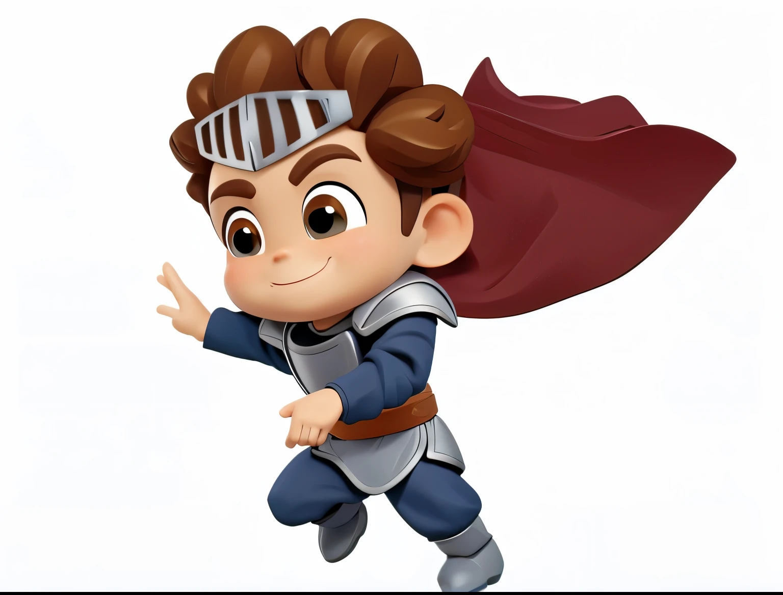 whole body、《Q version boy》、knight男孩、warrior、High-quality character design, Bright Eyes、3D Rendering、knight服装、Gray long sleeves、身穿armor、armor、Forehead armor decoration、Combat Boots、Smile、Overall details of clothing、Red Cape、The fingers must be delicate、The fingers are clearly defined、Fingers add a touch of sophistication、knight、Clothing needs details、Jump up action pose、Hero Action Poses、Super Detail、Fearless expression,Blind Box Toys、Pixar style、