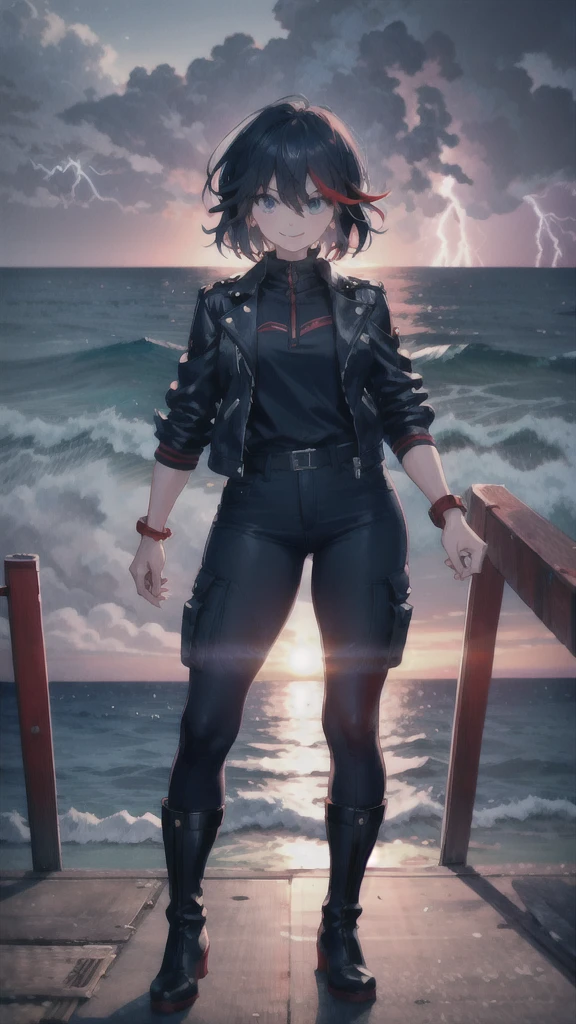 Ryuko on the edge of a pier with a storm and the ocean in the background, thunderstorm, red thunder on the background, confident smile, tough clothes, short hair with red strand, blue eyes, gear form iris, leather jacket, cargo pants, high boots, curvy girl, 25 years old