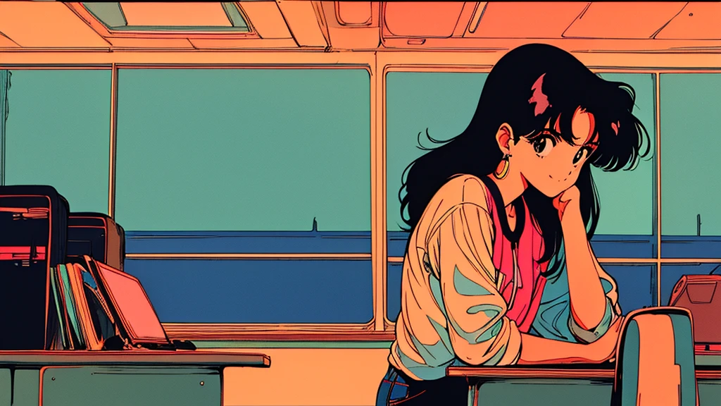 , Wearing headphones, Futuristic yet lo-fi, Retro, masterpiece, (( Side Shot)), Sit at a desk and concentrate on studying, Laptop and coffee on the desk, (( Midnight )), There are many stars outside the window) (( Looking down ))tobaccoを吸う、4k、80's, Retro, City Pop Poster:1.5), (Album cover), (masterpiece, Highest quality), (anime, figure), Best Photo Poses, dynaミックアングル, Cowboy Shot, alone, smile, A perfect eye for detail, Delicate face, High Fashion, Retroなゲームセンター、American casual、jazz、the 90s、Vintage、tobacco、speaker、Saxophone、rain、 Knight、City Boy、Retro、citypop、90s、dyna、A boy with a cool vibe、The style is good、Retroanime画像、Highest quality、4k、
