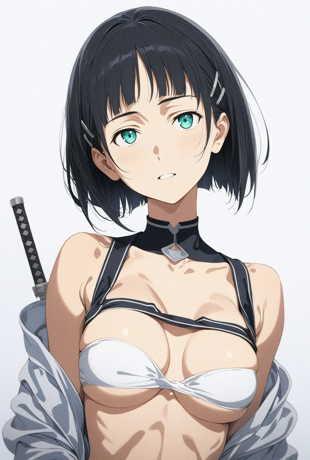 (masterpiece), (best quality), (ultra-detailed), very aesthetic, illustration, perfect composition, intricate details, absurdres, detailed face, (intricate),1girl, (kirigaya suguha, sword art online, green eyes, black hair, medium breasts), (realistic face:0.5), (narrowed eyes, glowing eyes), bandeau,perfect face, 4k, extremely detailed anime illustration,, enhanced details,cowboy shot,perfect anatomy,smooth skin, (gray background), cristal clear eyes, beautiful face,(anime style:1.5), (highres:2),