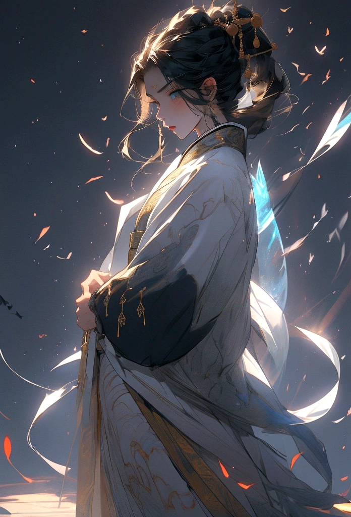 A Chinese man,standing full-body,Black shoulder armor,(Whole-body proportions),style of anime,(Holding feather fan in hand),(Whole-body proportions)The proportions are correct,Face details,(glowing light eyes),Grim expression,High ponytail hairstyle,Neck details,Gold pattern,Fine details,long white robe,white and green robe,clothes details,surrender,longer sleeves,Game quality,sword fight,Light and shadow tracking,Ray traching,Detailed luminescence,cg render,hair detail,(Long white hair),blue colored eyes,Handsome,Handsome,(Middle age),Clothing is complicated,Perfectcomposition,Refinement,high high quality,More detailed,A lot of detail,The background is complex,a sense of atmosphere,solid black background,high high quality