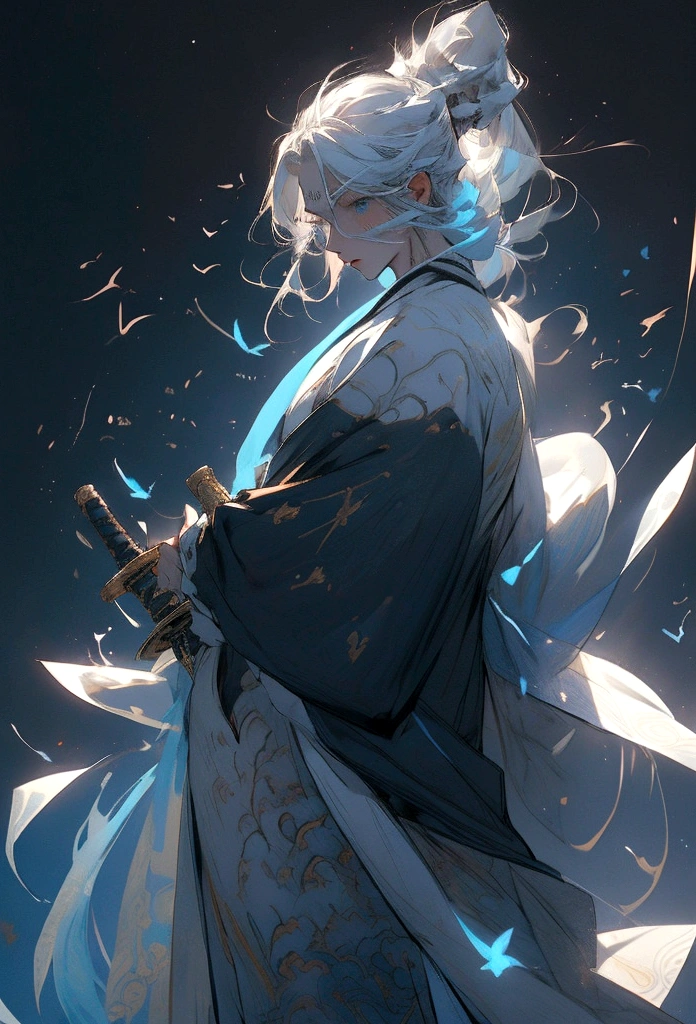 A Chinese man,standing full-body,Black shoulder armor,(Whole-body proportions),style of anime,(Holding feather fan in hand),(Whole-body proportions)The proportions are correct,Face details,(glowing light eyes),Grim expression,High ponytail hairstyle,Neck details,Gold pattern,Fine details,long white robe,white and green robe,clothes details,surrender,longer sleeves,Game quality,sword fight,Light and shadow tracking,Ray traching,Detailed luminescence,cg render,hair detail,(Long white hair),blue colored eyes,Handsome,Handsome,(Middle age),Clothing is complicated,Perfectcomposition,Refinement,high high quality,More detailed,A lot of detail,The background is complex,a sense of atmosphere,solid black background,high high quality