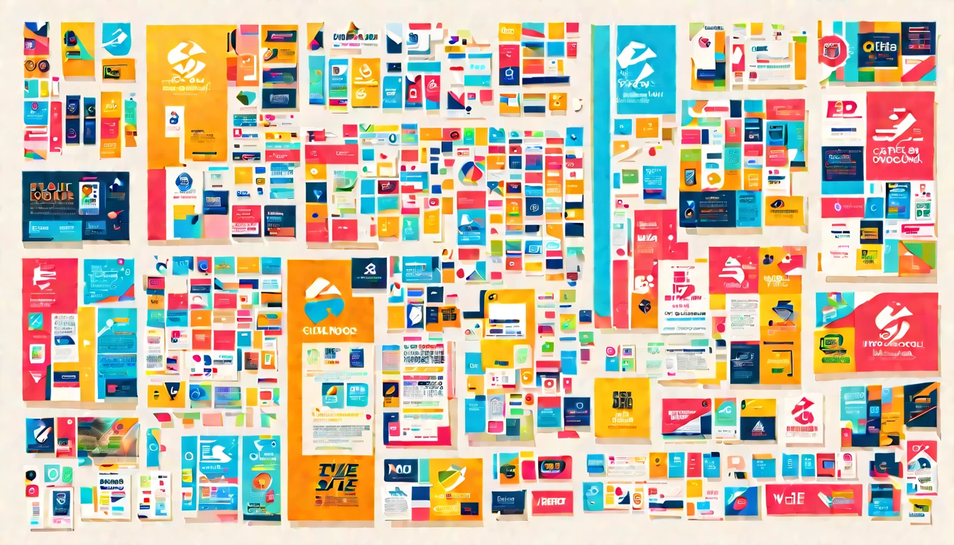 composition of banners, 2D ads, logos and text, color combination, product placement, arranged as a collection of rectangles, rectangular banners, flags, products, logos, text banners, magazine pages