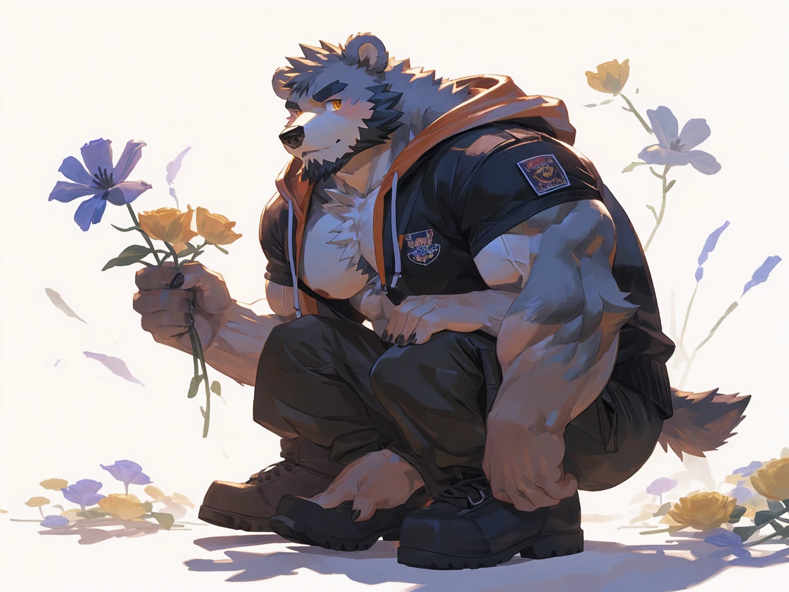 (masterpiece:1.2), best quality,pixiv,official art,perfect anatomy, (Ray tracing, light),solo, (1_male:1.3) , (muscle), (grey fur:1.4), (muscle bear), (beard:1.2), (gleaming golden eyes), bear tail, Thick black eyebrows, (open hoodie :1.3) , (naked inside:1.2), cargo pants,boots, portrait , (white background:1.3) , (flowers around:1.3)