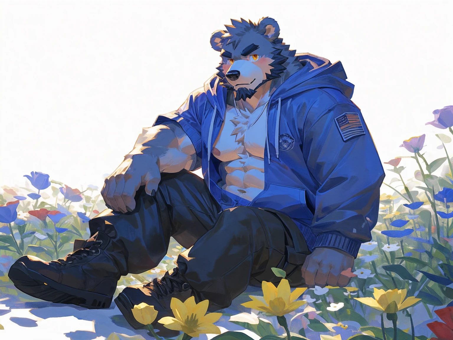 (masterpiece:1.2), best quality,pixiv,official art,perfect anatomy, (Ray tracing, light),solo, (1_male:1.3) , (muscle), (grey fur:1.4), (muscle bear), (beard:1.2), (gleaming golden eyes), bear tail, Thick black eyebrows, (open hoodie :1.3) , (naked inside:1.2), cargo pants,boots, portrait , (white background:1.3) , (flowers around:1.3)