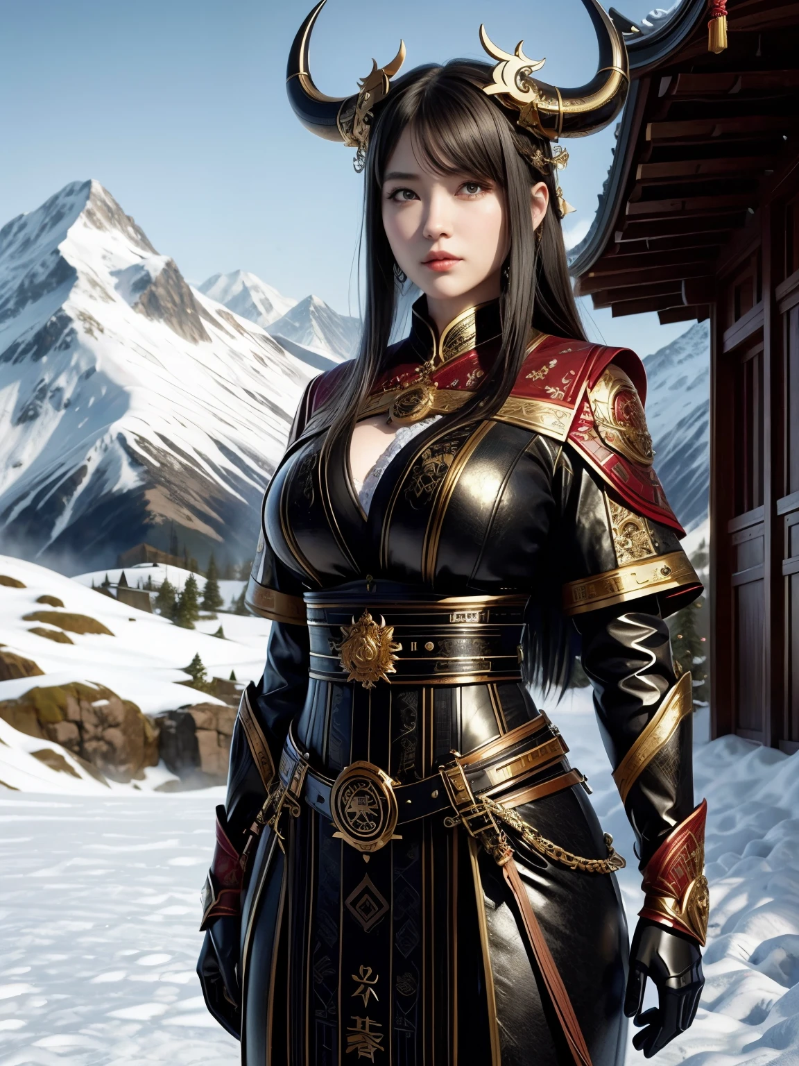 (high quality), (masterpiece), (detailed), 8K, Stunning illustration depicts (curvy woman1.3) with (long black hair1.2) and (parted bangs1.2) in a (chest harness1.2) and (thigh holster1.2), showcasing her (large breasts1.3) and (skin-tight attire1.2). Her (expressionless face1.2) gazes directly at the viewer, exuding confidence. Standing in a (snowy mountain1.3) landscape, she embodies the spirit of the (ox1.2) in traditional Chinese zodiac attire. In style of Artgerm Lau.