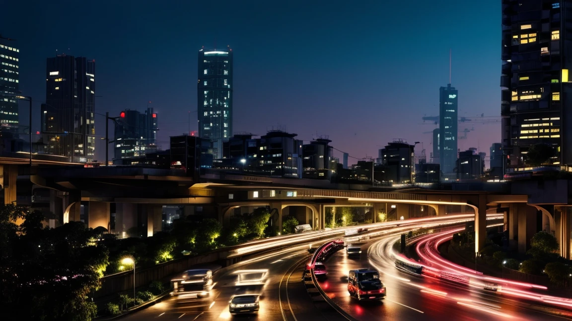 In the evening, the city with tall buildings is crisscrossed with elevated roads