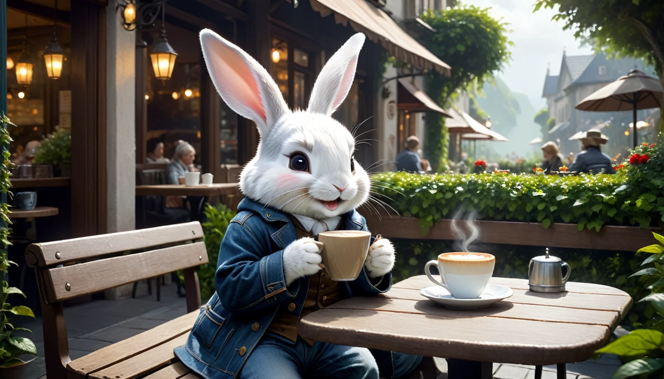 C4tt4stic, Anthropomorphic cute baby rabbit character, dressed and bipedal, human-like posture, drinking hot coffee, sitting on a cafe terrace seat, lush garden, smiling, casual clothing, mystical, fantasy art, exquisite details, Jean-Baptiste Monge style, Alan Lee style, movie scene, dramatic shot angles, atmospheric particles, realistic, raw cinematic photorealism, action portrait, 8k, detailed, full frame