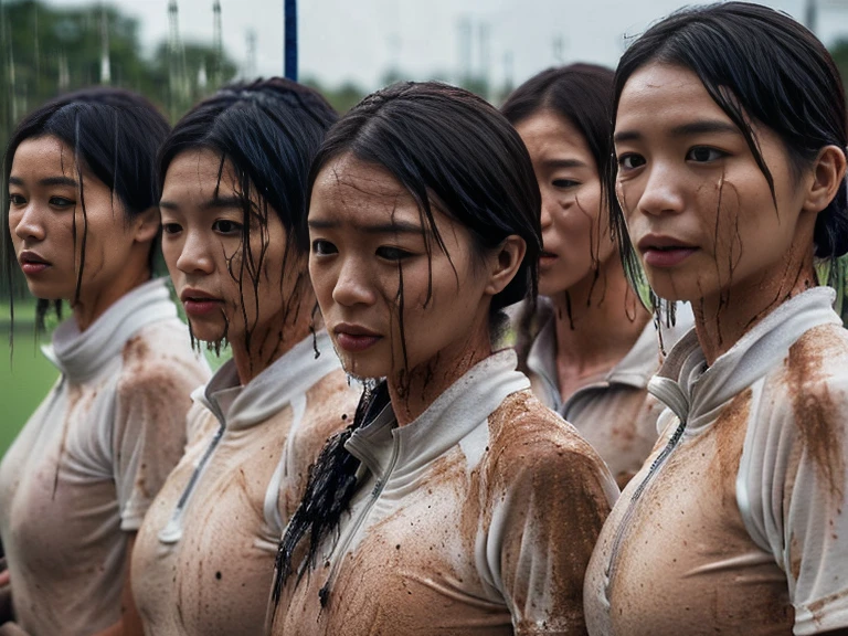 (A plain white short sleeved dirt stained field hockey uniform with a very tight white half zip:1.7)、(A large, dirt-stained, white, square collar: 1.6)、(Red clay ground:1.5)、My hair is wet and messy、(Beautiful Japanese woman covered in dirt:2.0)、Highest quality, masterpiece, Ultra-high resolution, Photorealistic, Raw Photos,Detailed face,(Muscular woman:2.4), (Fastener open: 1.8), (Upper body zoom up:1.0),(Everyone wears the same clothes:1.0), All members are super beauties, (A group of beautiful Japanese women standing in a row: 1.5), (Hair tied up: 1.4), (Exhausted expression:1.8), Bright photo, (My whole body is drenched in rain: 1.7)