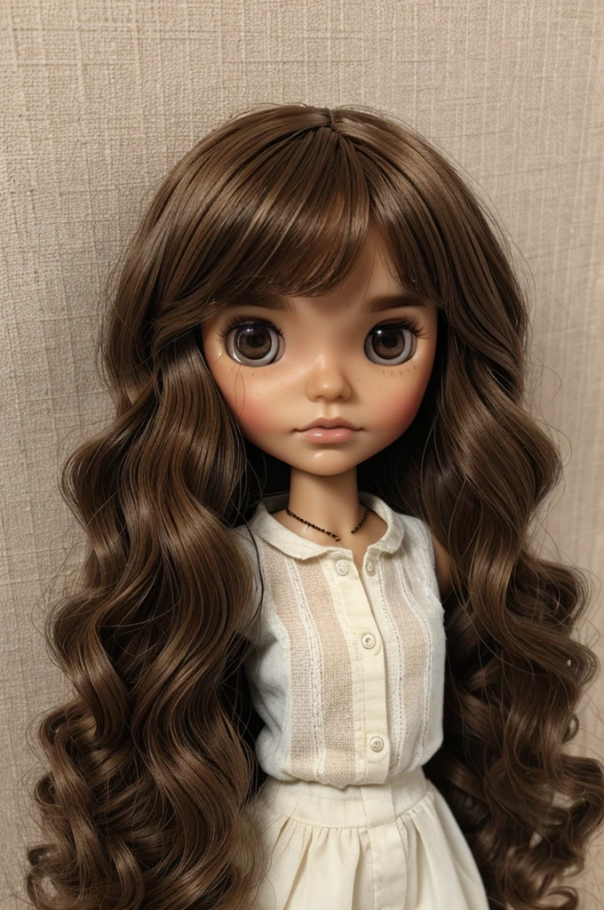 Blythe doll with brown wavy hair and tan skin 