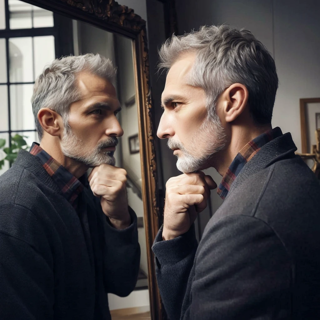 there is a man that is Look in the mirror. with a beard, Look in the mirror. at older self, Look in the mirror., Look in the mirror., looking into the mirror, Look in the mirror., A man in his 40s, Male age 5 0 years, 50 year old man, With mirror, mature man, middle aged man, 45 year old man