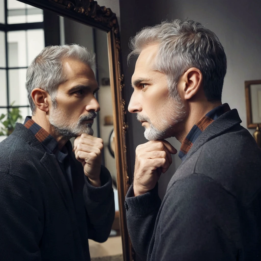 there is a man that is Look in the mirror. with a beard, Look in the mirror. at older self, Look in the mirror., Look in the mirror., looking into the mirror, Look in the mirror., A man in his 40s, Male age 5 0 years, 50 year old man, With mirror, mature man, middle aged man, 45 year old man